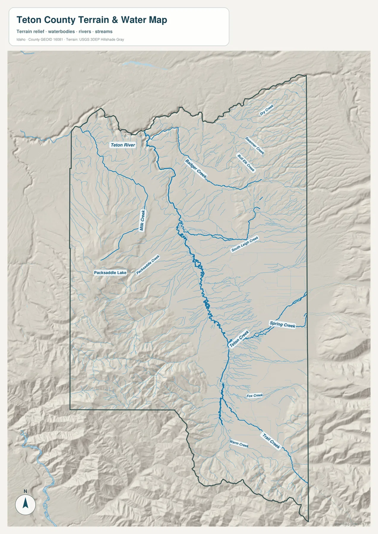 Teton County Idaho terrain and water map showing the Teton River, Teton Creek, South Leigh Creek, Packsaddle Creek, Packsaddle Lake, and surrounding mountain relief