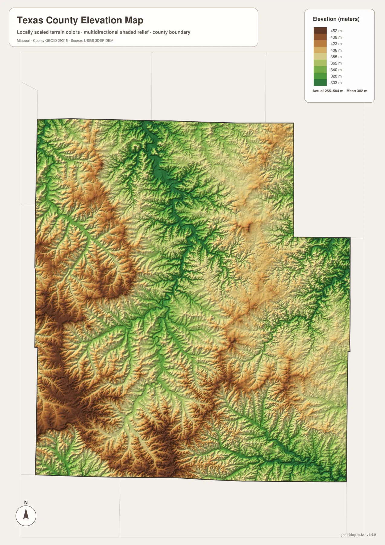 Texas County elevation map showing 255 to 504 meter relief, high western and southwestern Ozark ridges, and low Big Piney River and Roubidoux Creek valleys