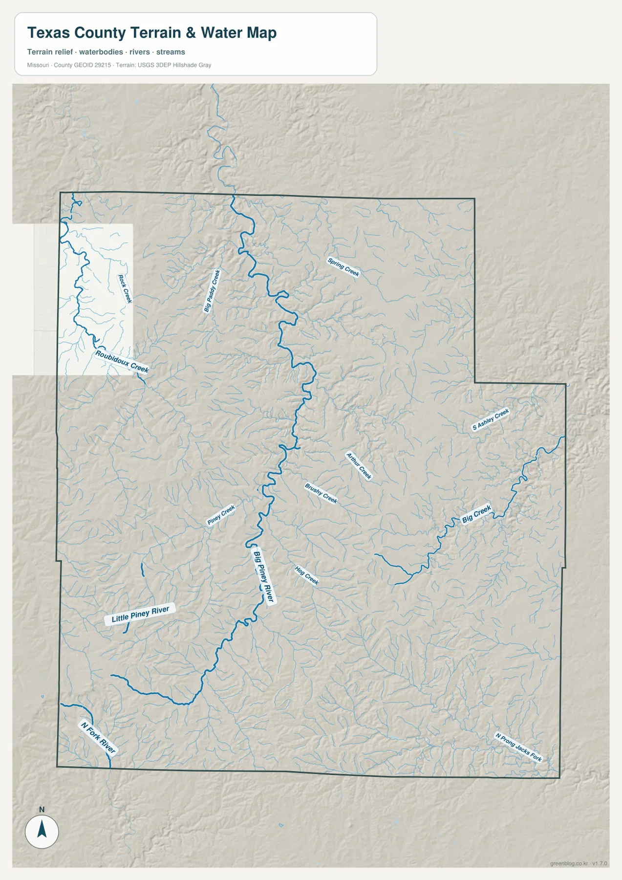 Texas County terrain and water map showing Big Piney River, Little Piney River, Big Piney Creek, Roubidoux Creek, Spring Creek, and Big Creek