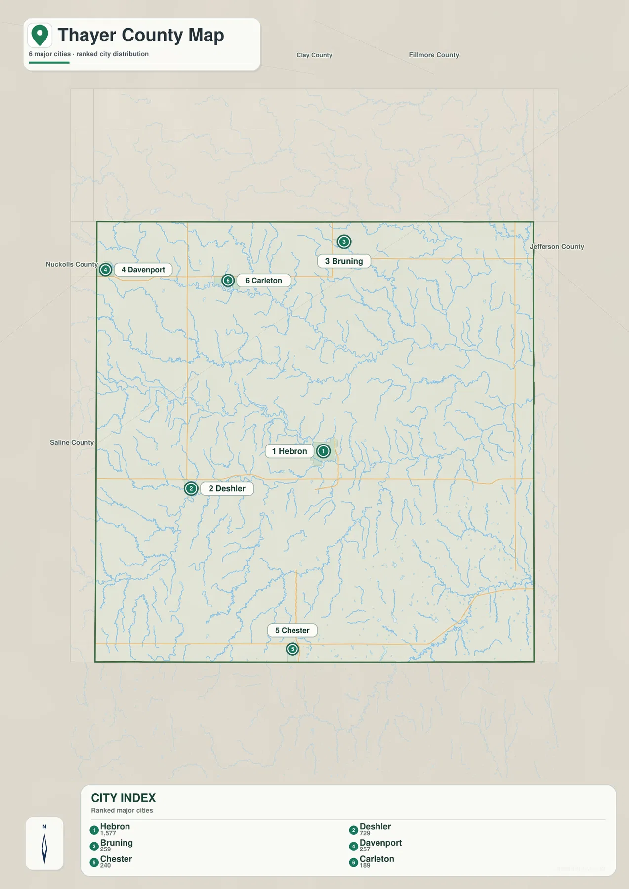Thayer County city map showing Hebron, Deshler, Bruning, Davenport, Chester and Carleton