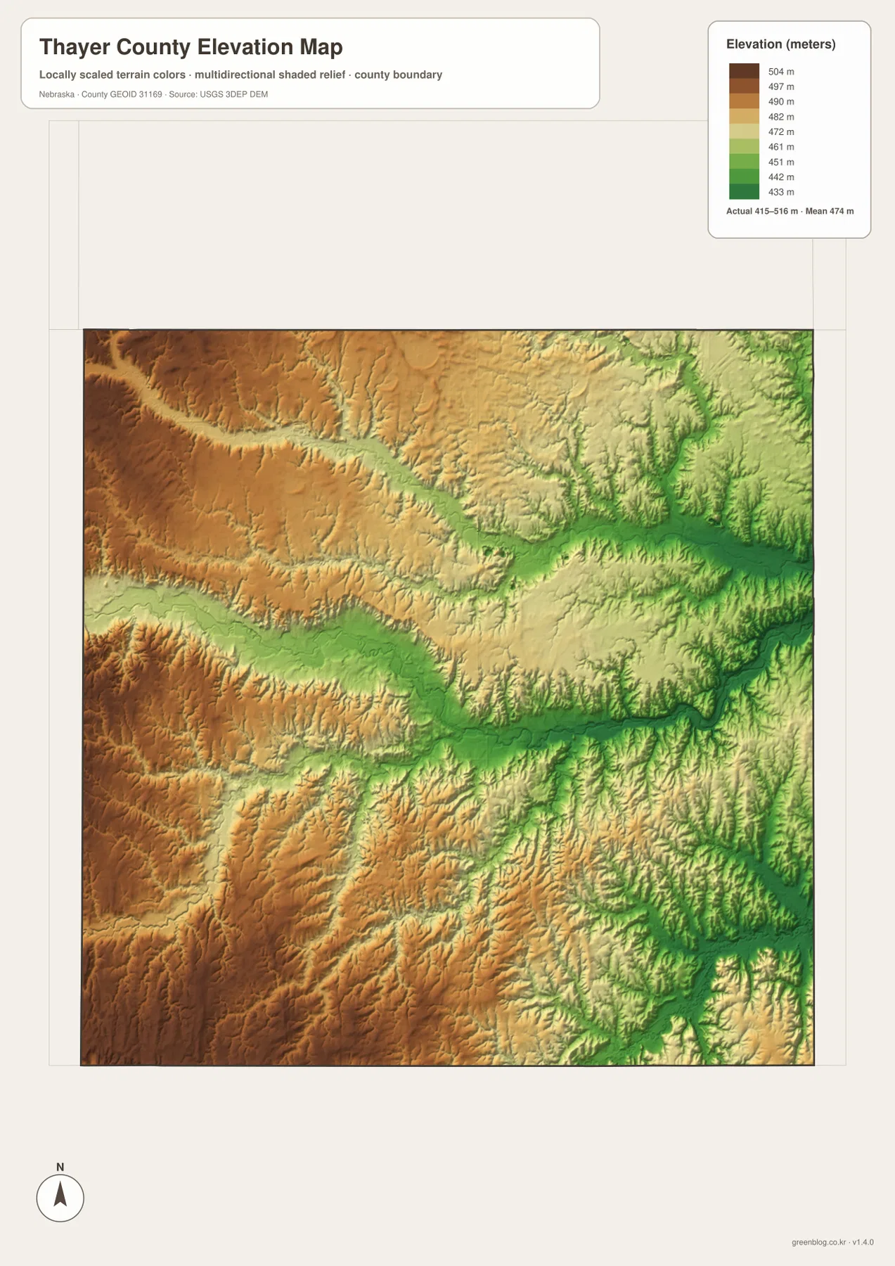 Thayer County elevation map showing higher western uplands and lower Little Blue River and eastern creek valleys