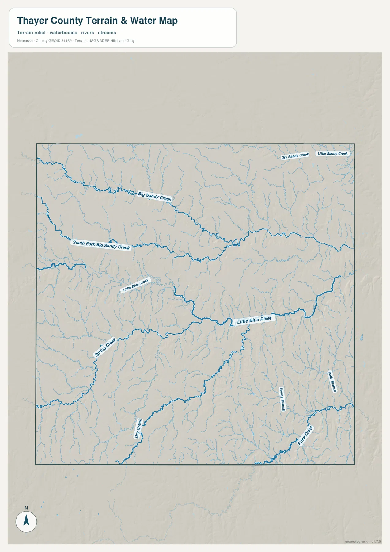 Thayer County water map showing the Little Blue River, Big Sandy Creek, South Fork Big Sandy Creek and Spring Creek