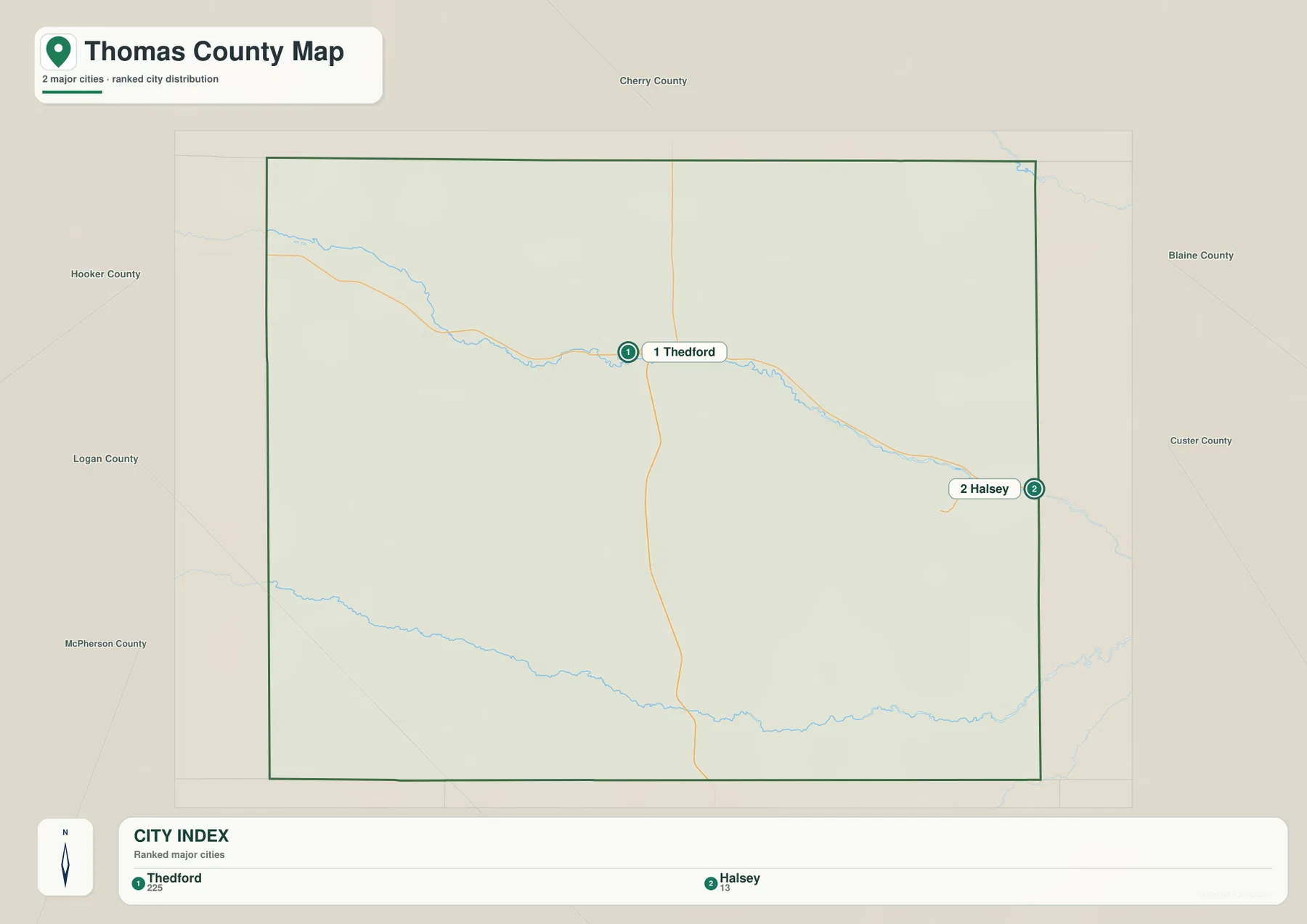 Thomas County city map showing Thedford and Halsey as the two ranked major communities