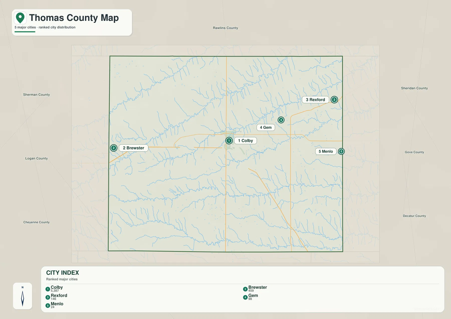 Thomas County Kansas city map showing Colby, Brewster, Rexford, Gem and Menlo