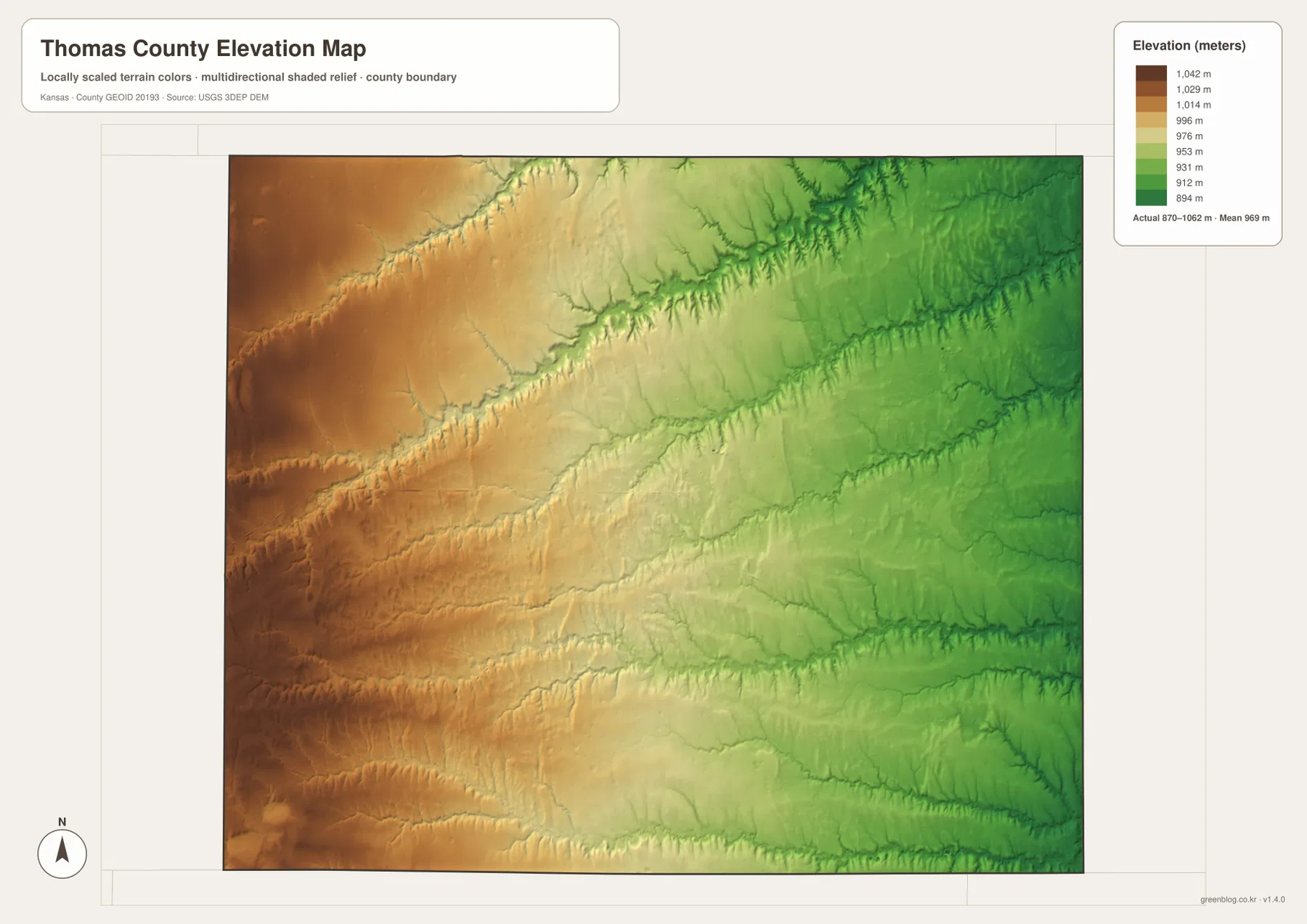 Thomas County Kansas elevation map showing 870 to 1062 meter relief, high western plains and lower eastern creek valleys