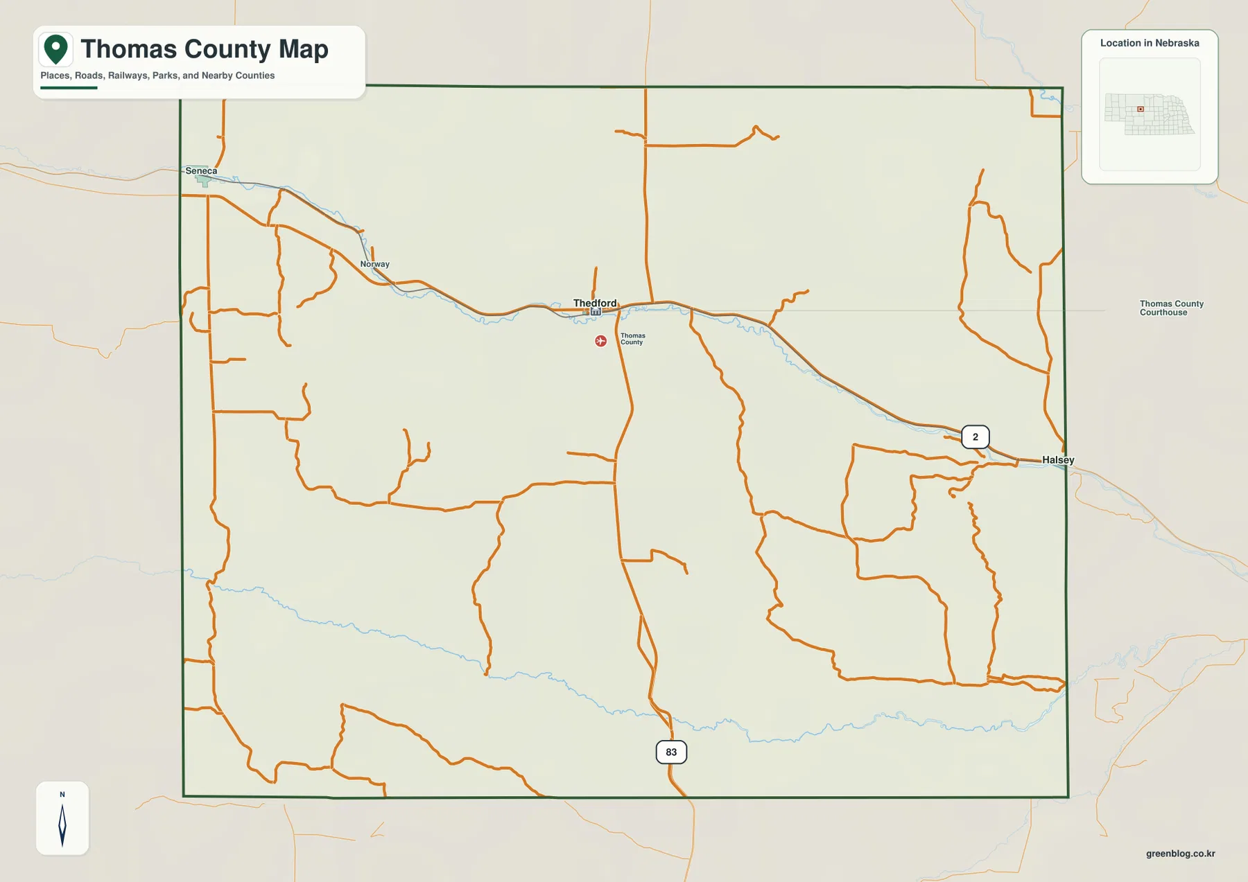 Thomas County Nebraska map showing Thedford, Halsey, Seneca, U.S. 2 and Nebraska 83