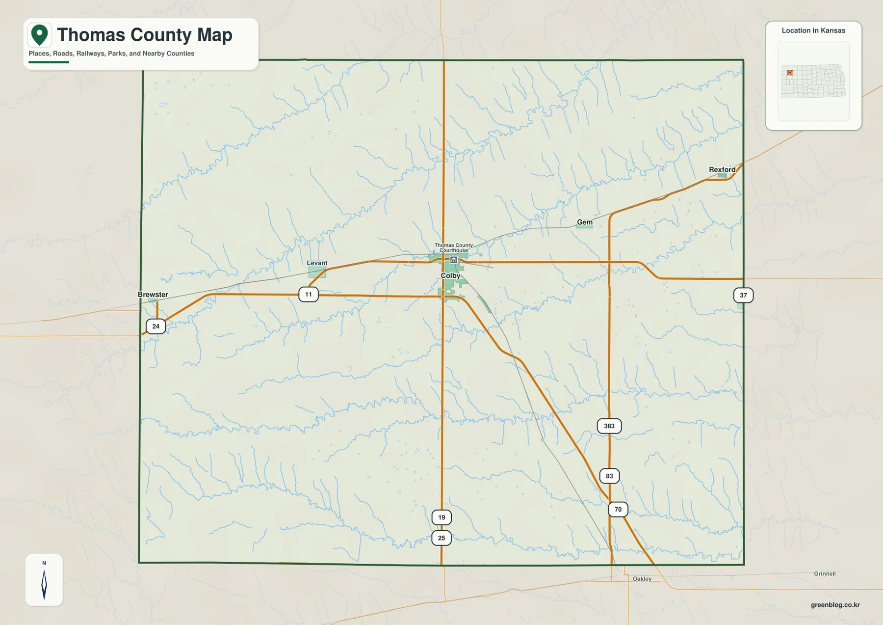캔자스주 토머스 카운티 Colby, Brewster, Rexford, Gem과 US 24, K-25, I-70 지도