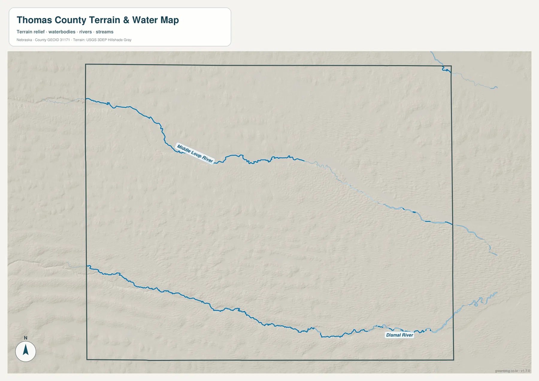 Thomas County water map showing the Middle Loup River and Dismal River crossing the Nebraska Sandhills