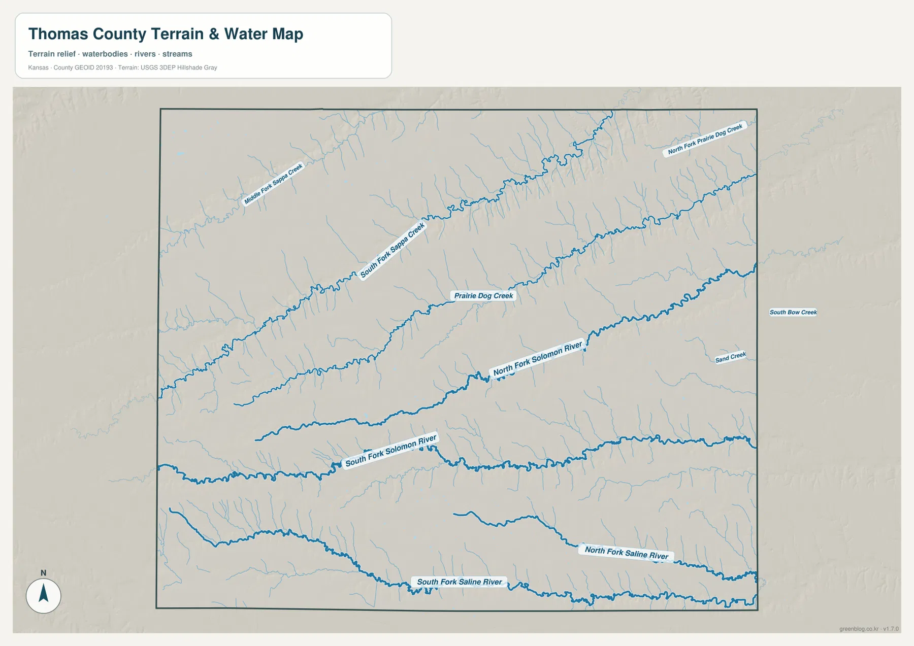 토머스 카운티 Sappa Creek, Prairie Dog Creek, North Fork·South Fork Solomon River와 Saline River 지류 수역 지도