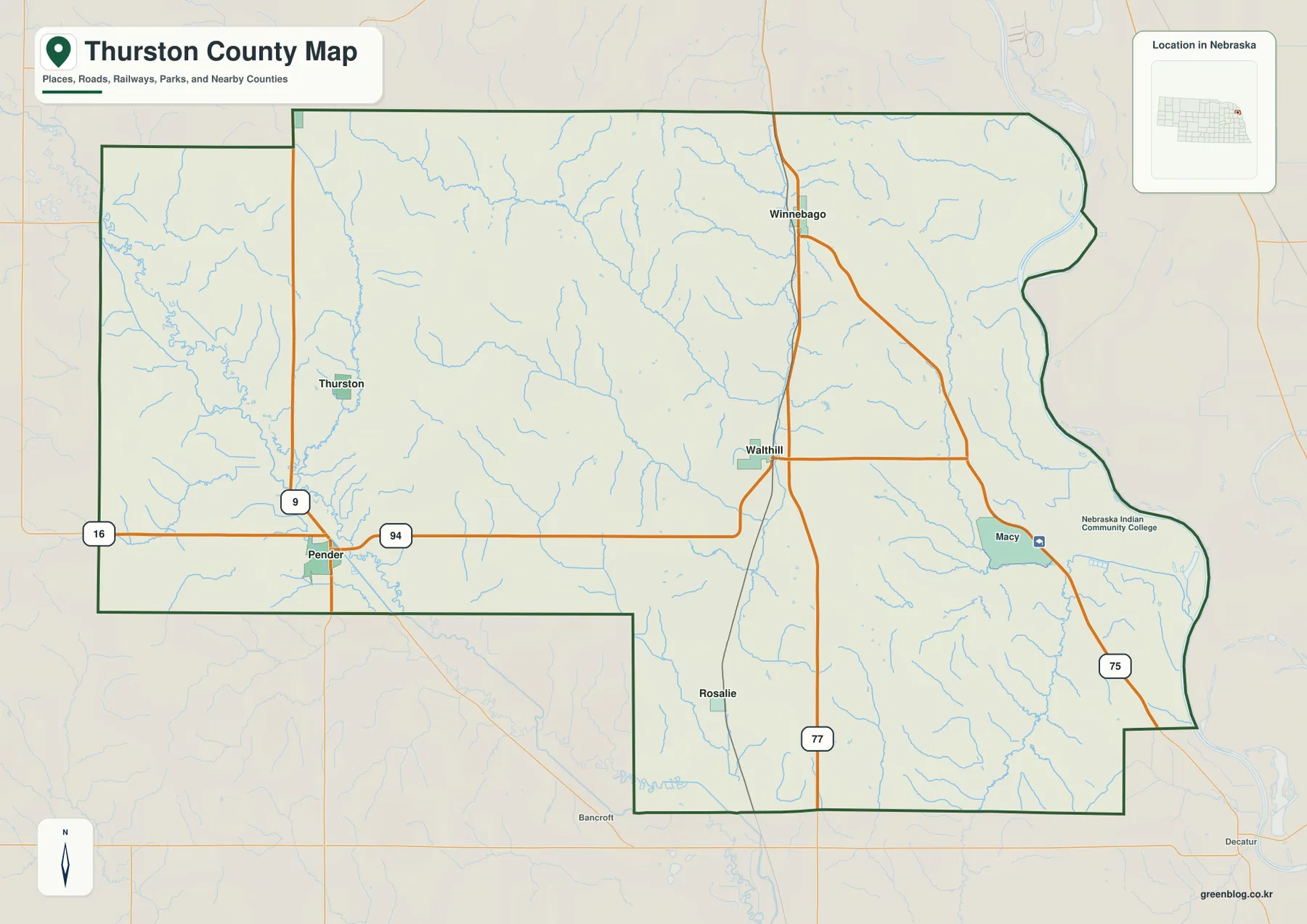 Pender, Walthill, Winnebago, Macy, Rosalie, Thurston과 주요 도로를 표시한 Thurston County Nebraska 지도