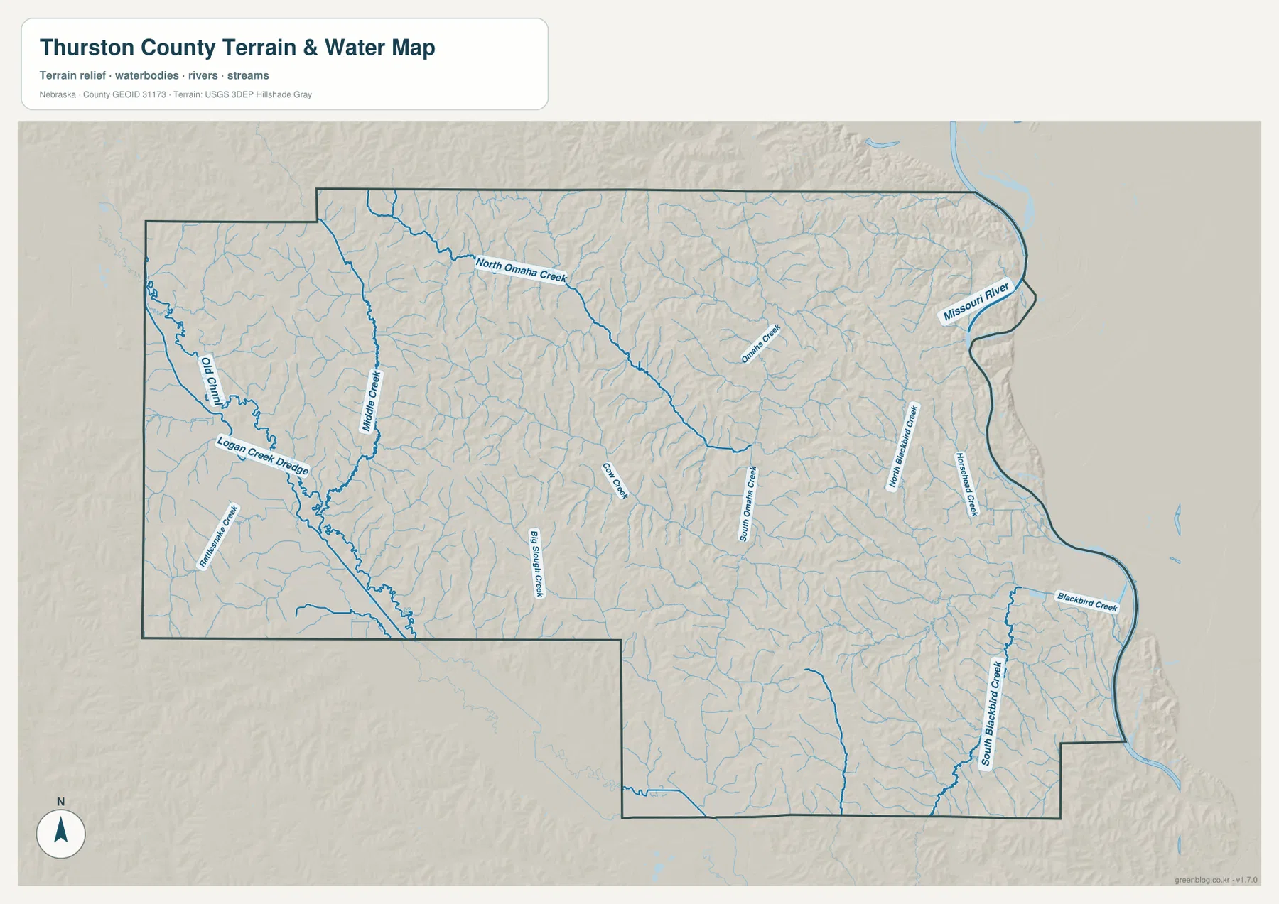 Missouri River, Omaha Creek, North Omaha Creek, Blackbird Creek, South Omaha Creek를 표시한 Thurston County 물길 지도