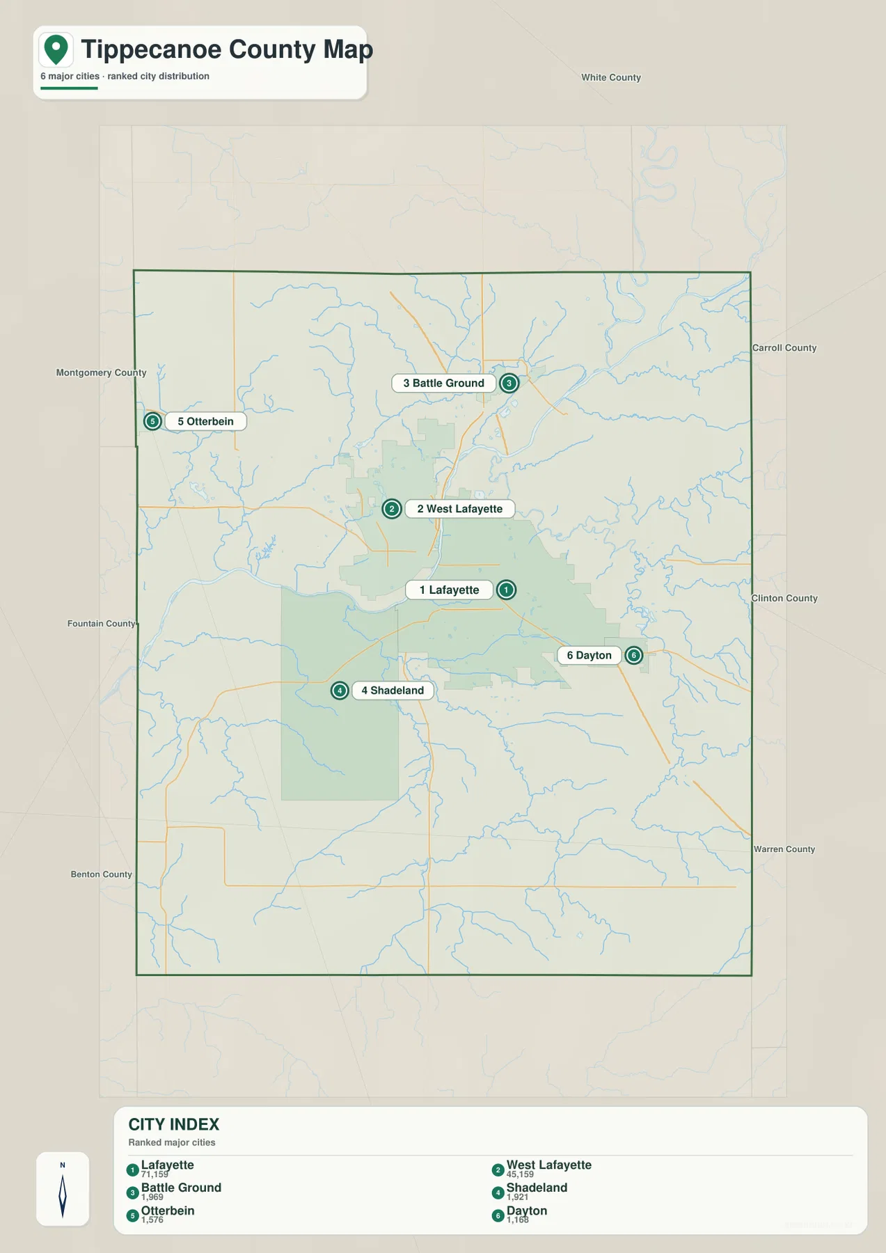 Tippecanoe County 도시 지도에 Lafayette, West Lafayette, Battle Ground, Shadeland, Otterbein, Dayton이 표시된 모습