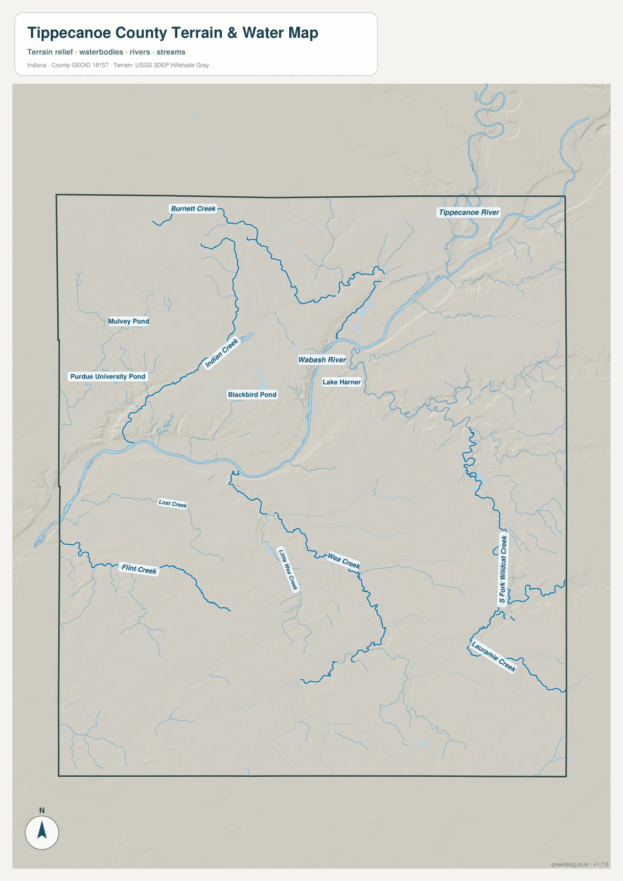 Tippecanoe County 수역 지도에 Wabash River, Tippecanoe River, Indian Creek, Burnett Creek, Flint Creek, Wea Creek, South Fork Wildcat Creek와 여러 수역이 표시된 모습