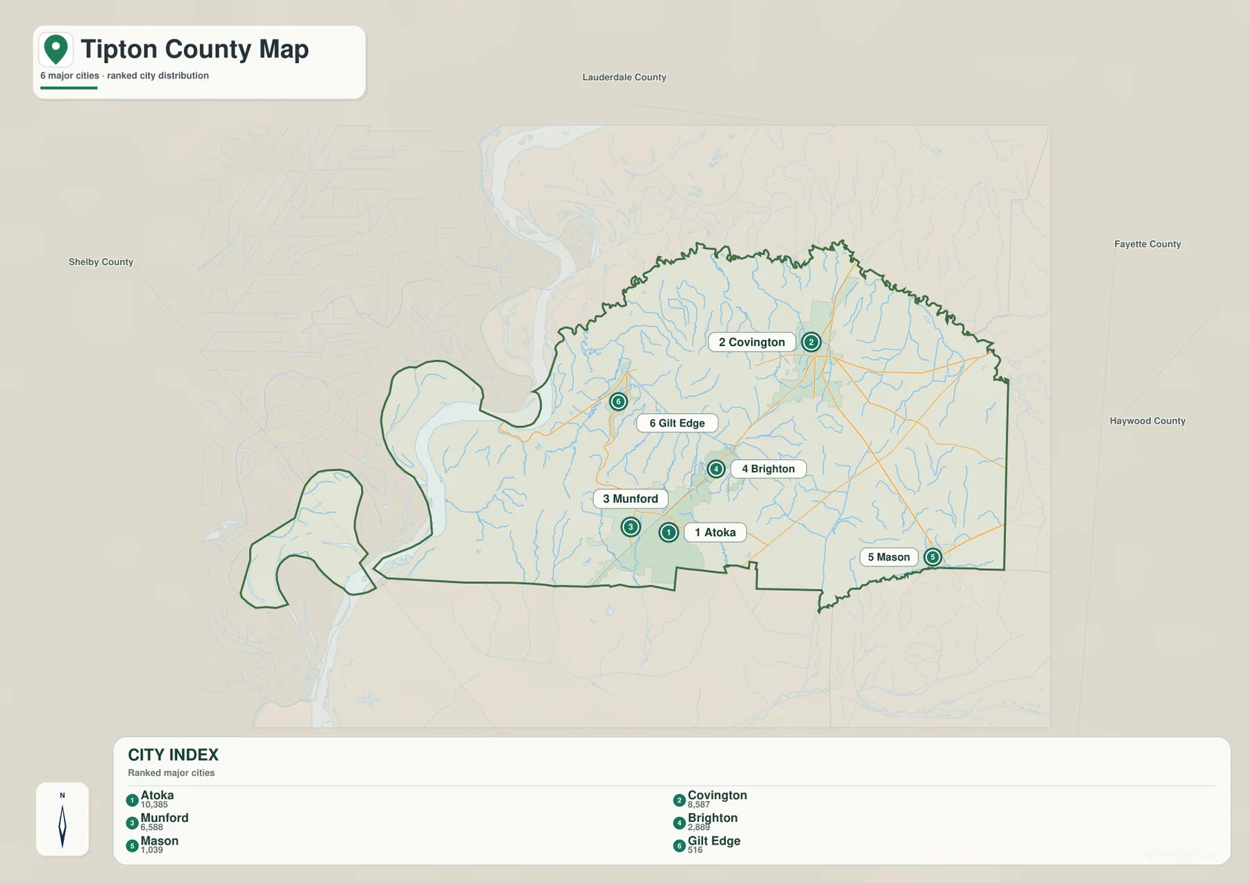 Tipton County city map locating Atoka, Covington, Munford, Brighton, Mason, and Gilt Edge