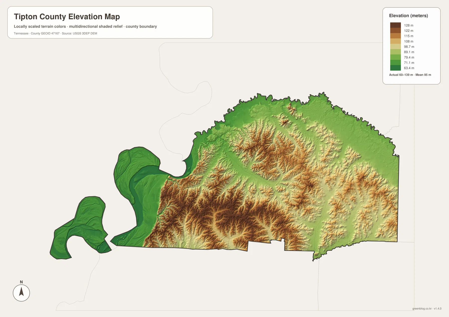 Tipton County Tennessee elevation map showing Mississippi River lowlands and higher interior ridges from about 60 to 139 meters