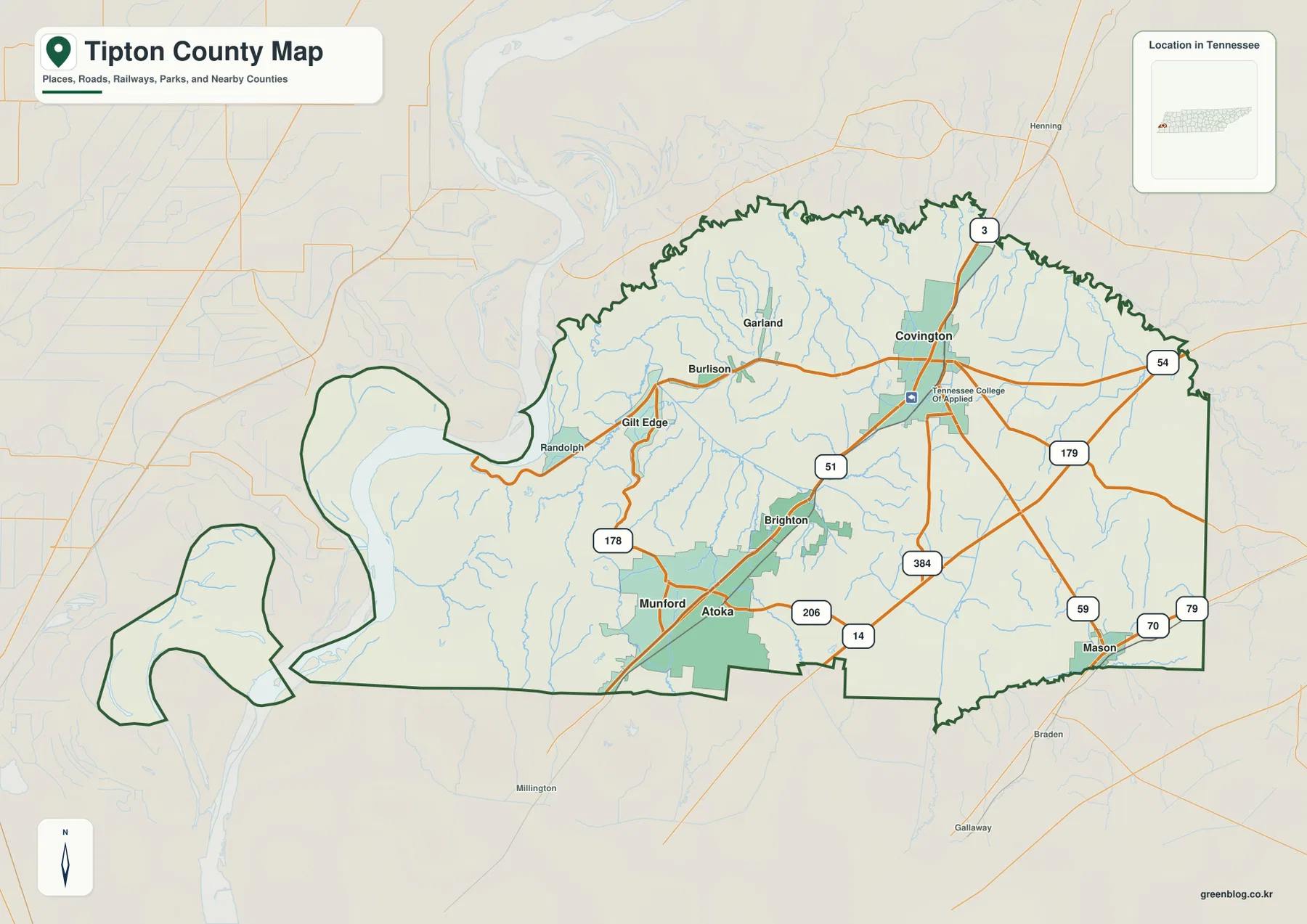 Tipton County Tennessee map showing Covington, Brighton, Atoka, Munford, Mason, Gilt Edge, and major roads