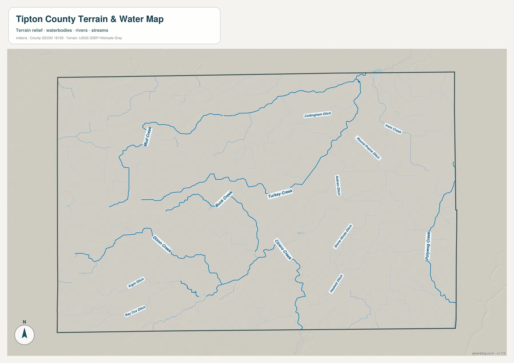 Tipton County 수역 지도에 Mud Creek, Buck Creek, Turkey Creek, Cicero Creek와 Cottingham Ditch 등 여러 수로가 표시된 모습