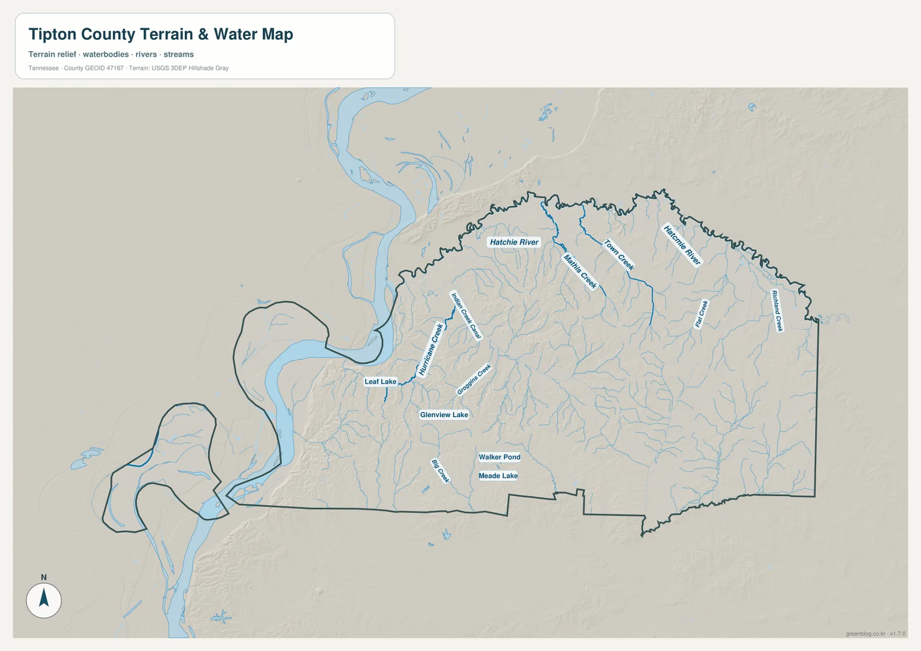 Tipton County water map showing Hatchie River, Hatridge Creek, Martins Creek, Town Creek, Flat Creek, Richland Creek, and small lakes