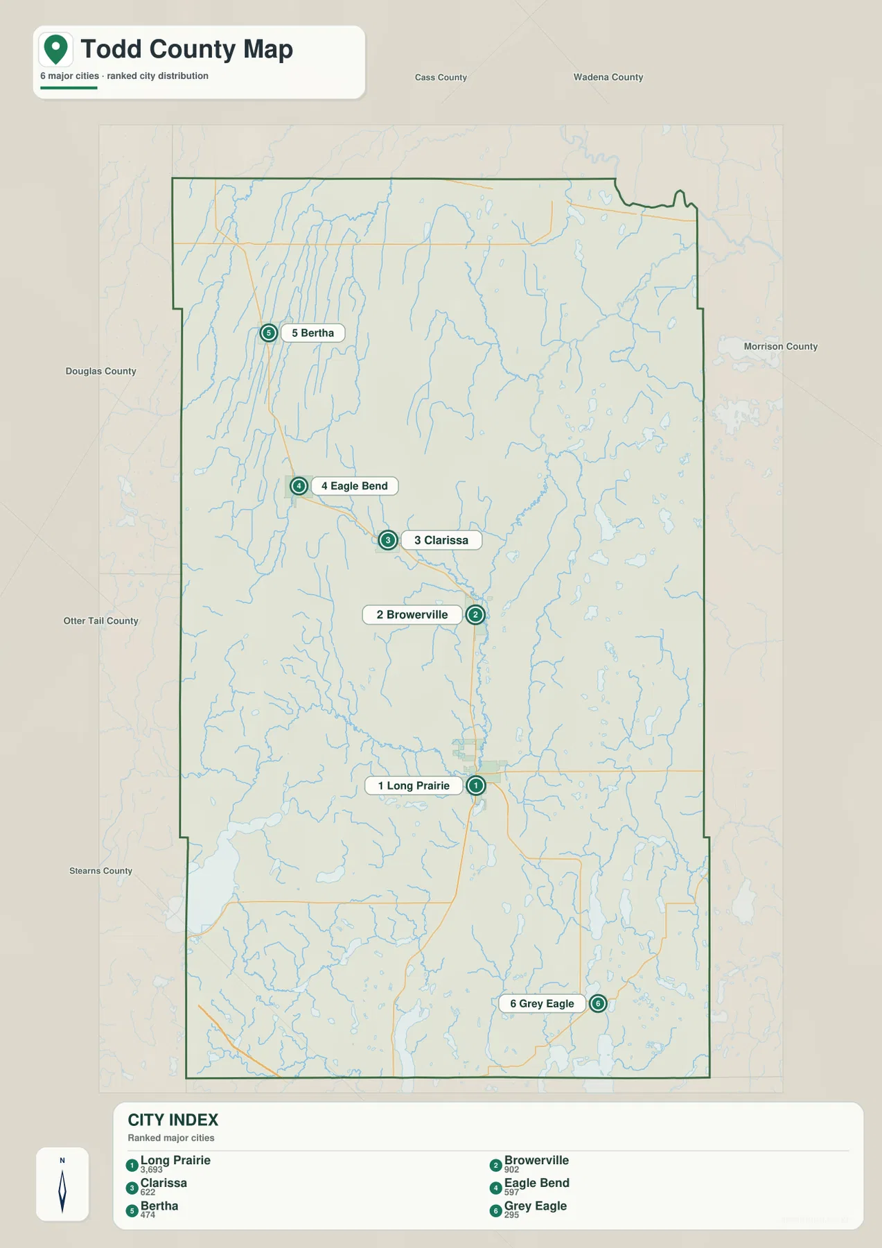 Todd County city map highlighting Long Prairie, Browerville, Clarissa, Eagle Bend, Bertha, and Grey Eagle