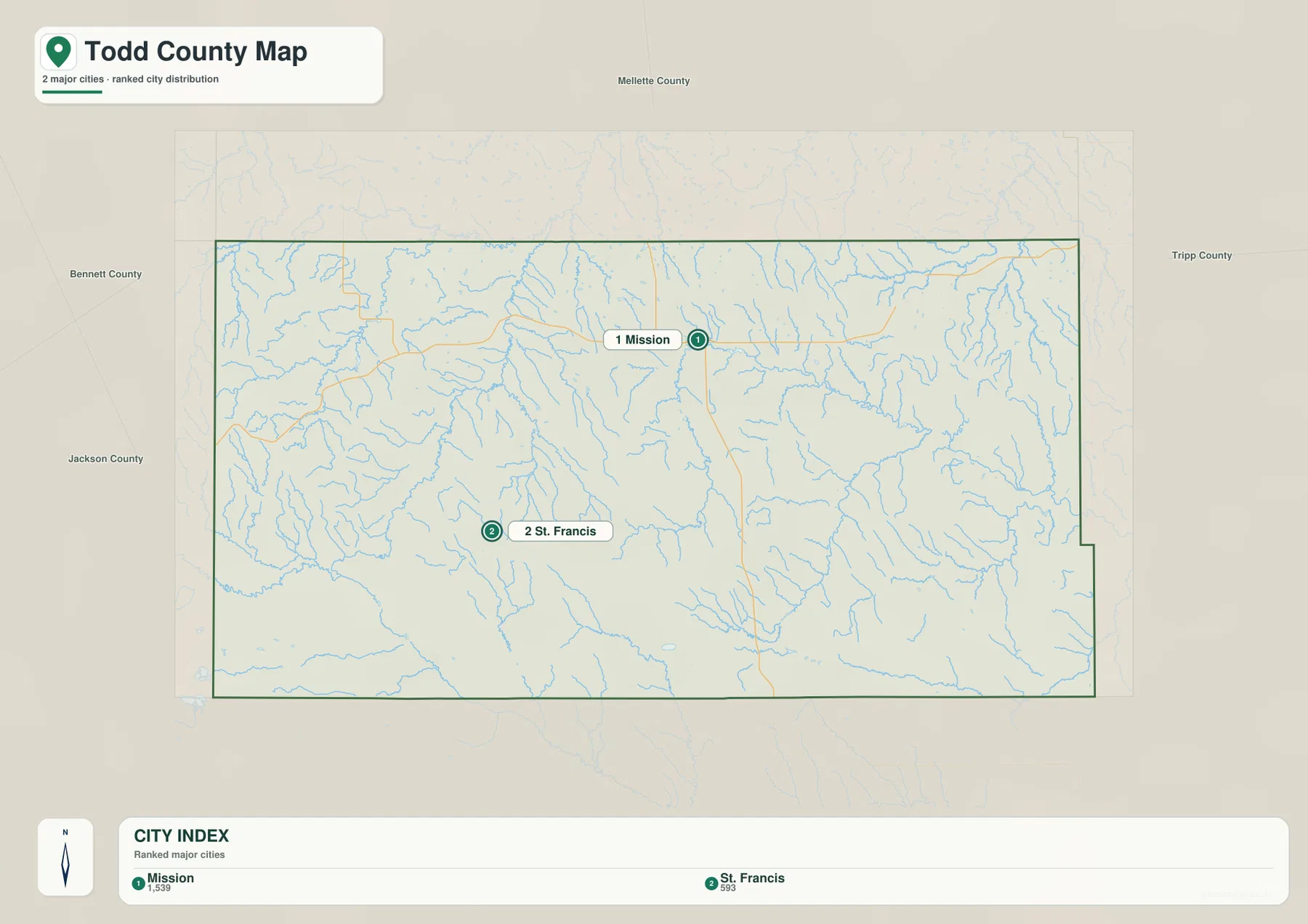 Todd County city map comparing Mission and St. Francis