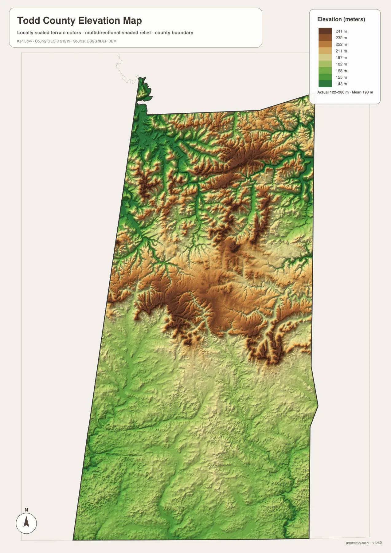 Todd County elevation map showing an actual range of about 122 to 286 meters and a mean elevation near 190 meters