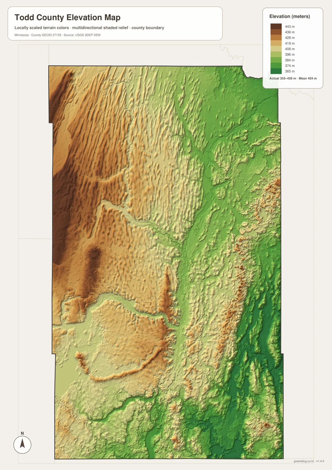 Todd County elevation map showing roughly 355 to 459 meters with higher western ridges and lower eastern terrain