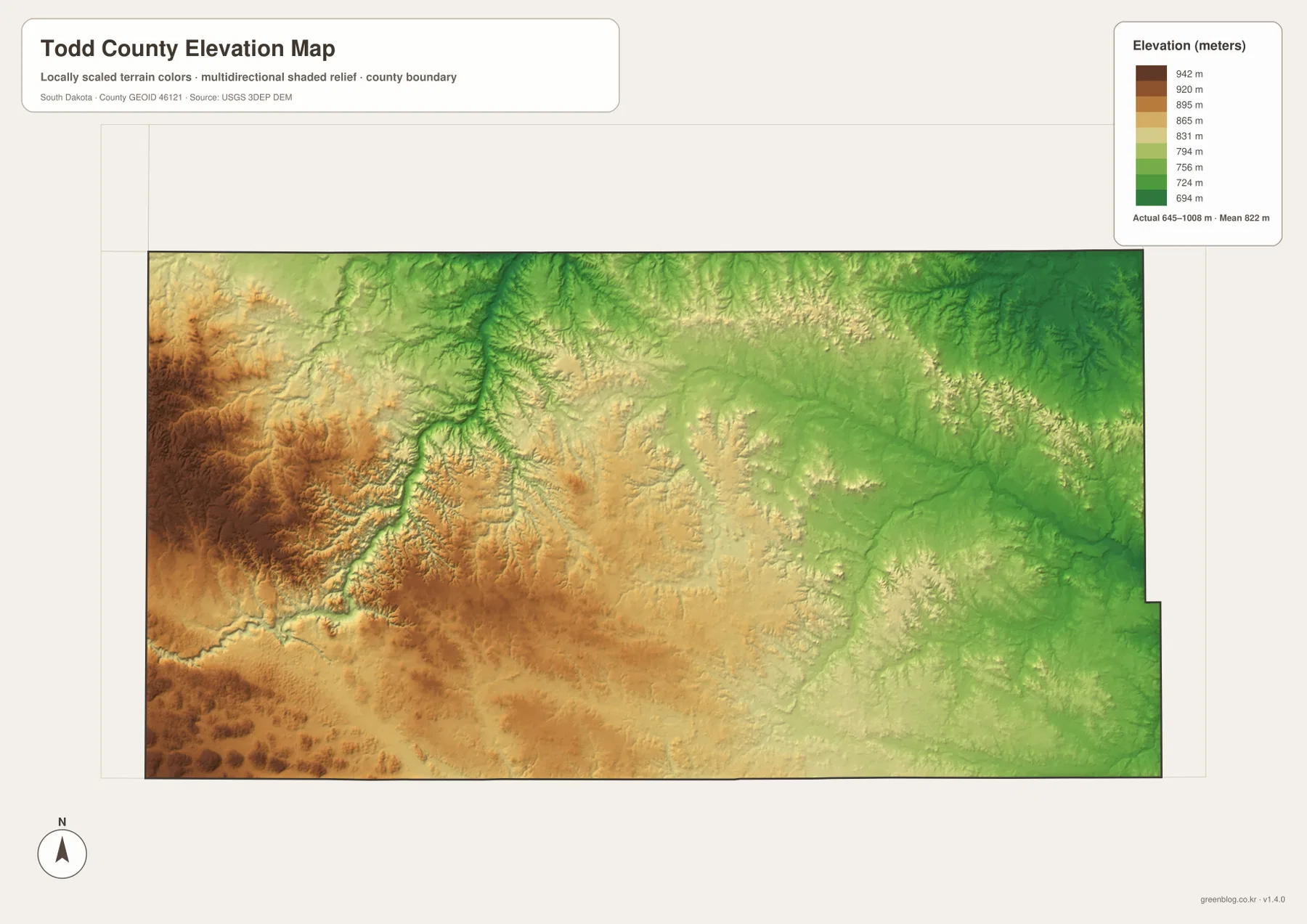 Todd County elevation map showing higher western uplands and lower eastern terrain