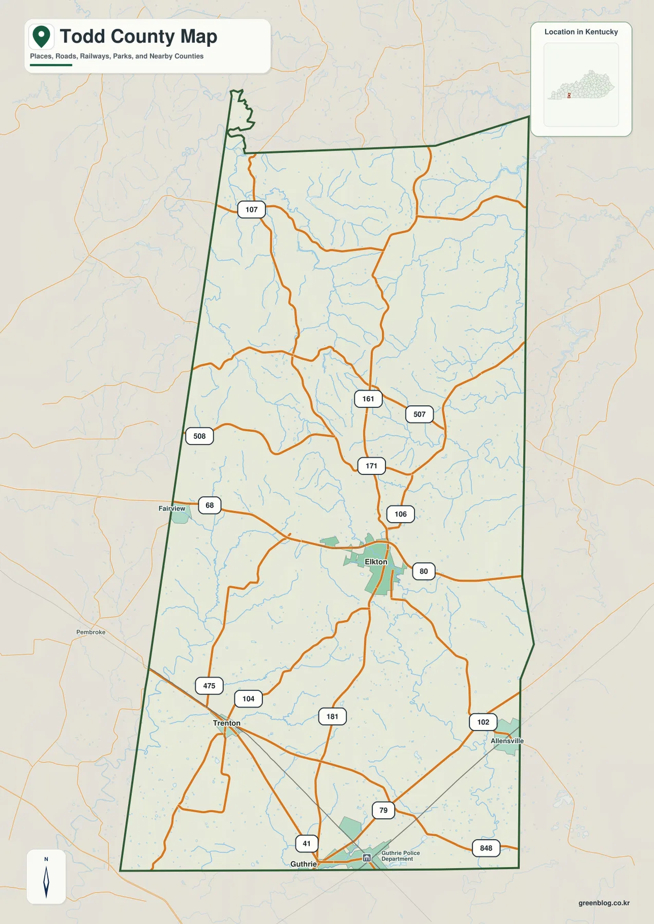Todd County map showing Elkton, Guthrie, Trenton, Fairview, Allensville, KY 68, KY 80, KY 181, KY 79, KY 107, and other roads