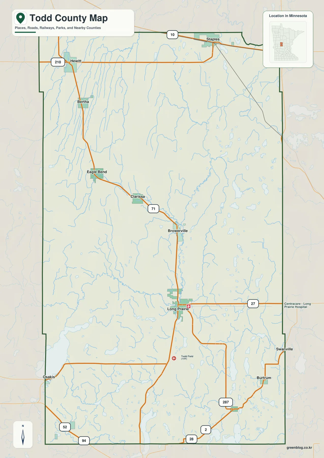 Todd County map showing Long Prairie, U.S. 71, Browerville, Clarissa, Eagle Bend, Bertha, Hewitt, Staples, and major roads