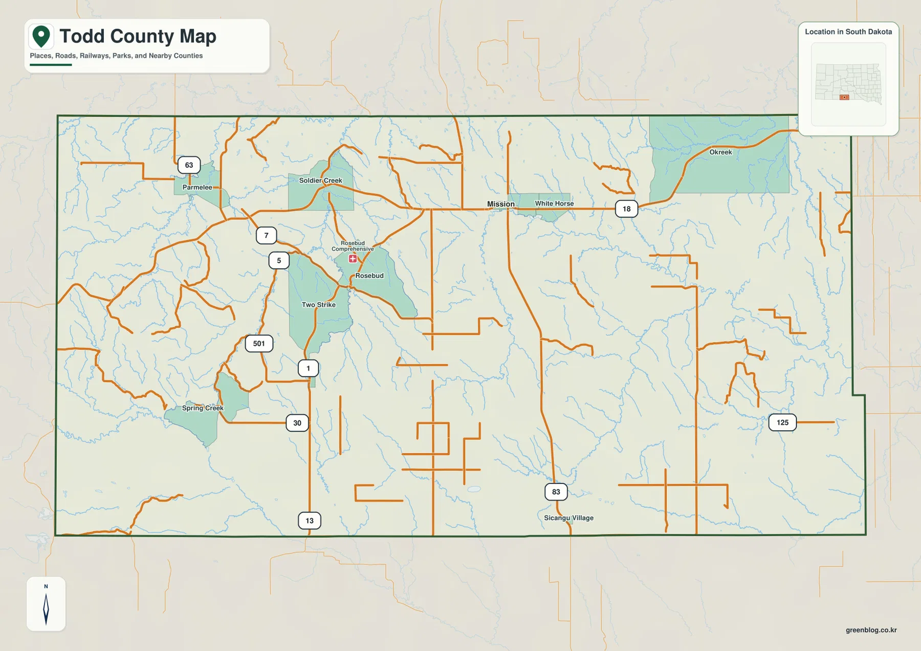 Todd County map showing Mission, Rosebud, Parmelee, Okreek, and major roads