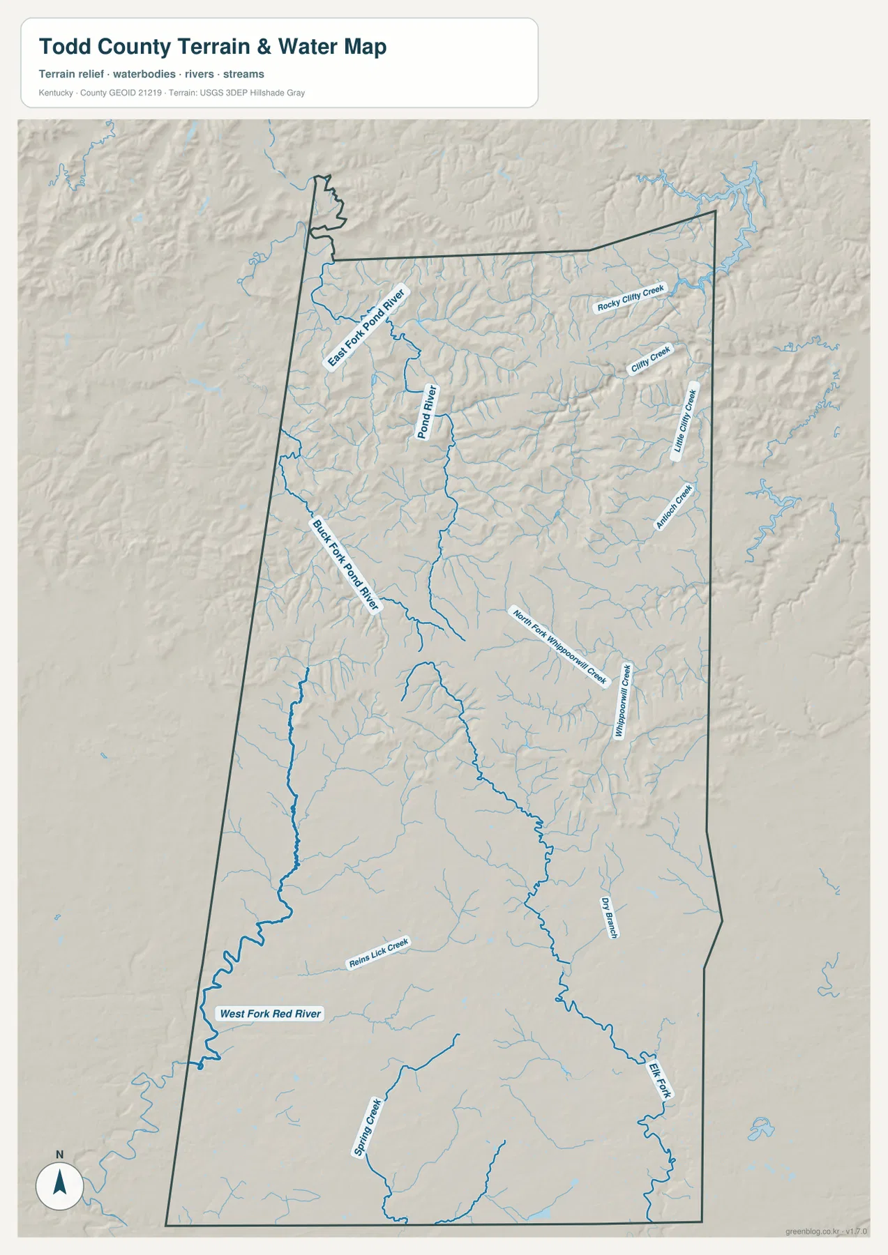 Todd County terrain and water map showing Pond River, East Fork Pond River, Buck Fork Pond River, Clifty Creek, Whippoorwill Creek, West Fork Red River, and Elk Fork