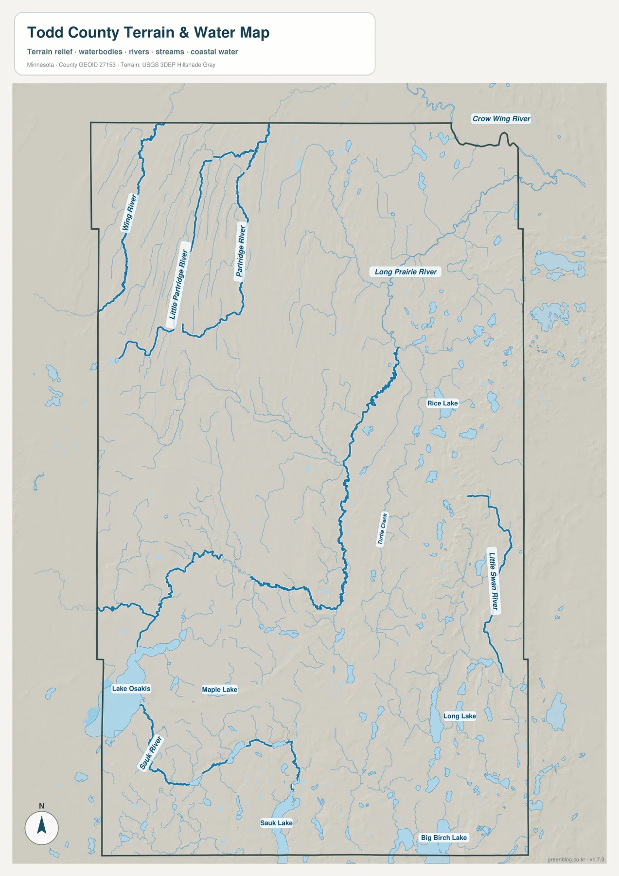 Todd County water map showing Long Prairie River, Wing River, Partridge River, Lake Osakis, Long Lake, and Big Birch Lake