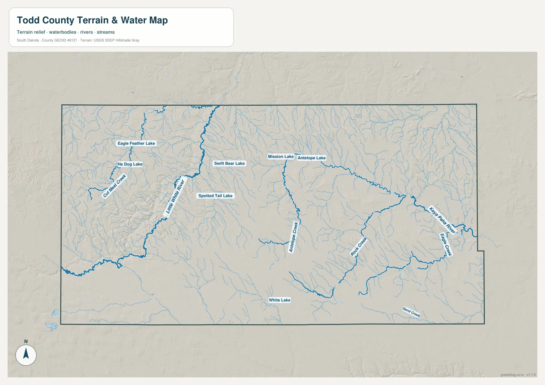 Todd County water map with Little White River, Keya Paha River, lakes, and creeks