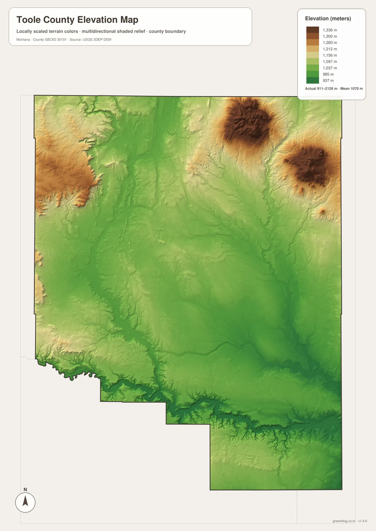 Toole County elevation map showing higher northeastern uplands, central prairie, and lower terrain along the Marias River