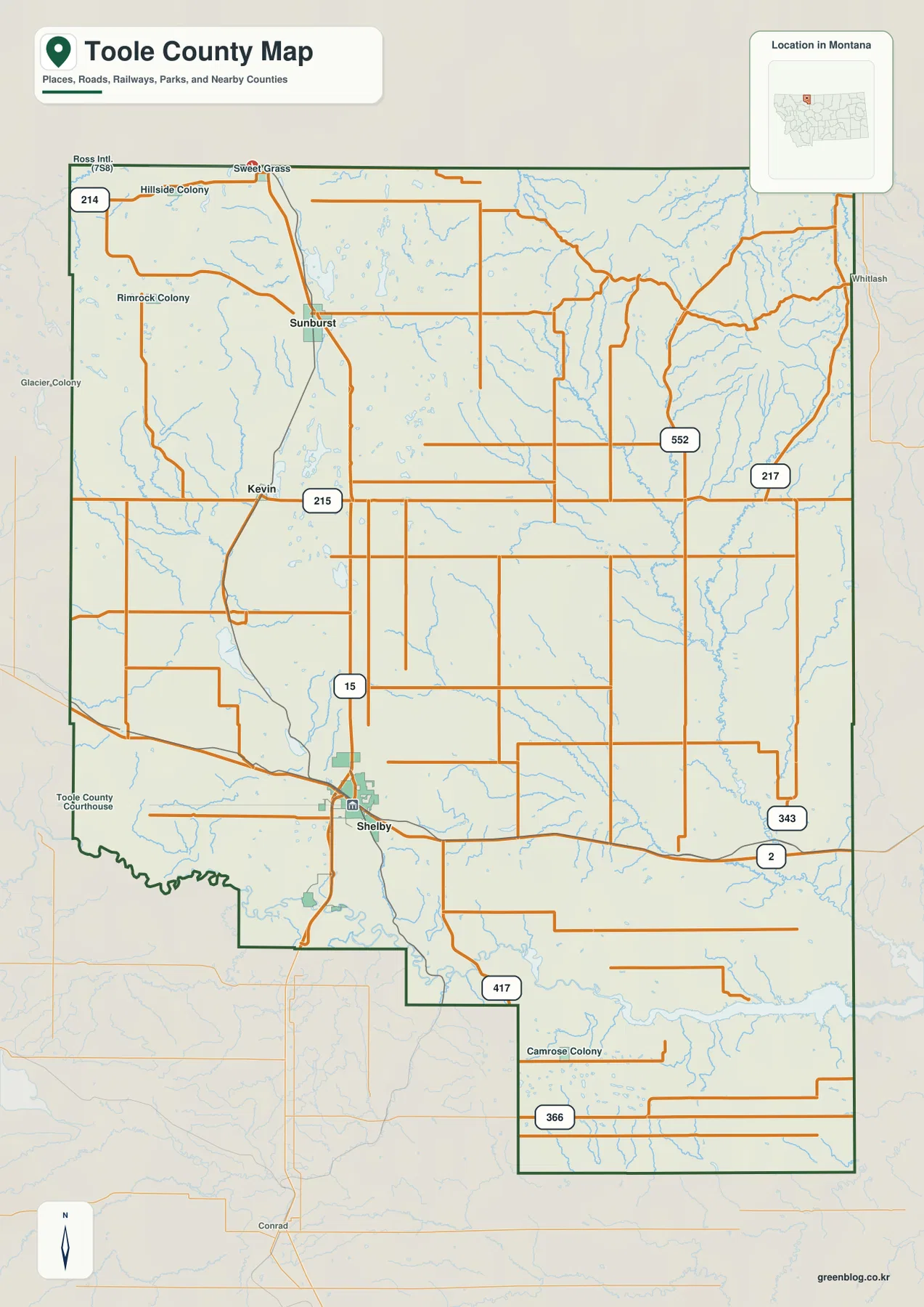 Map of Toole County Montana showing Shelby, Sunburst, Kevin, Sweet Grass, I-15, U.S. 2, county boundaries, and local roads