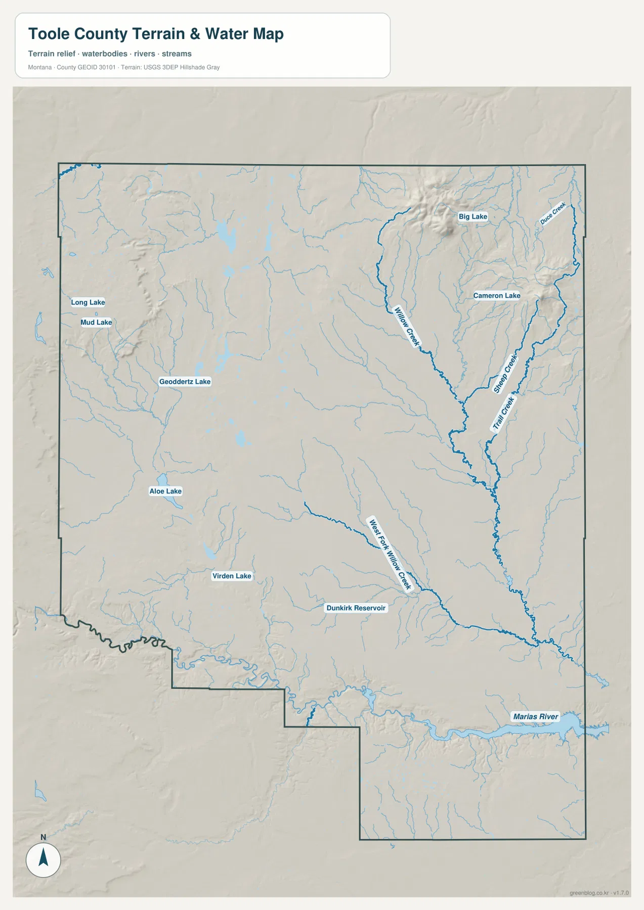 Toole County terrain and water map showing Marias River, Willow Creek, Sheep Creek, Trail Creek, Big Lake, Cameron Lake, and other water bodies