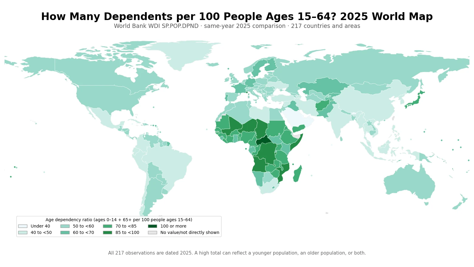 World map of the 2025 age dependency ratio by country