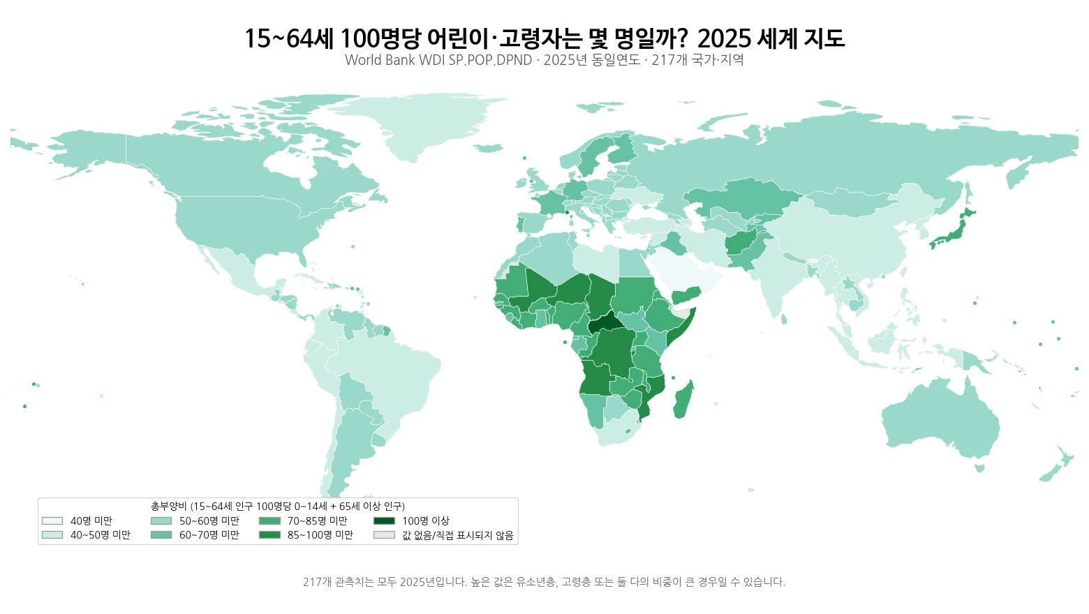 2025년 세계 국가별 총부양비 지도