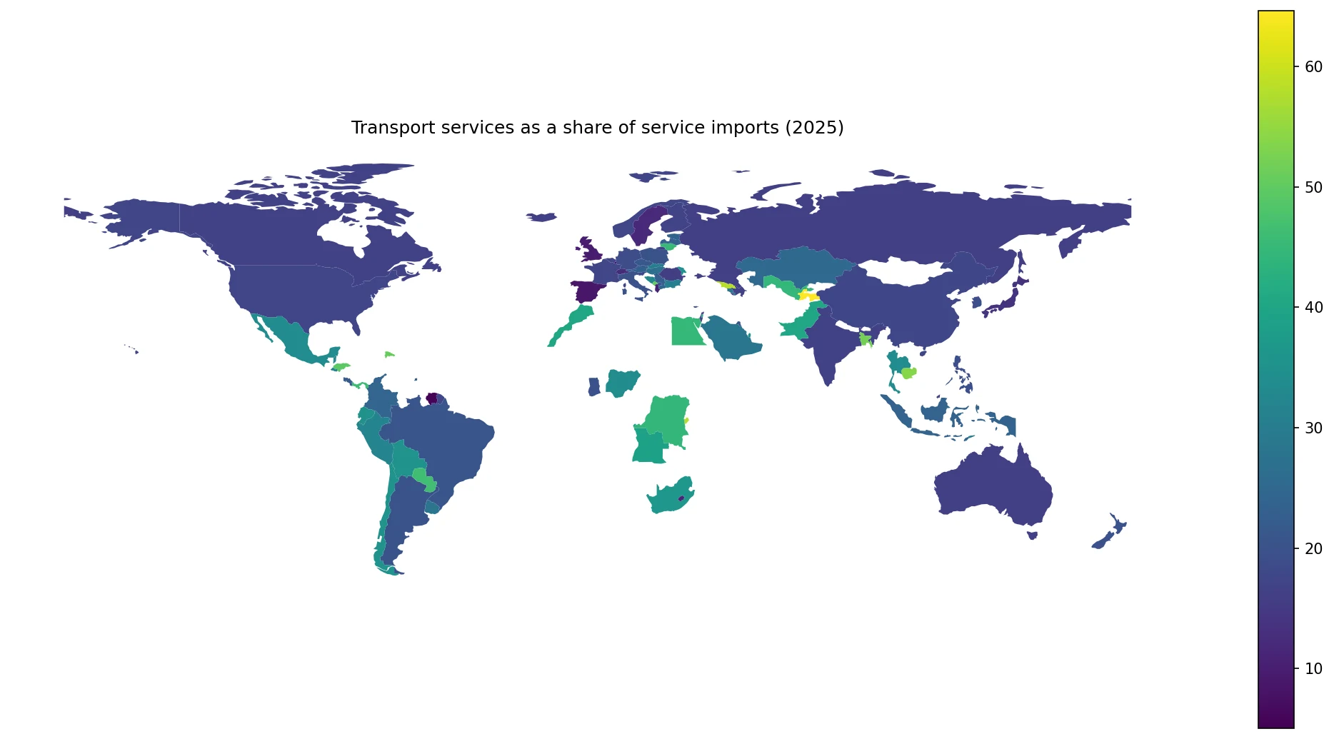 World map of transport services as a share of service imports in 2025