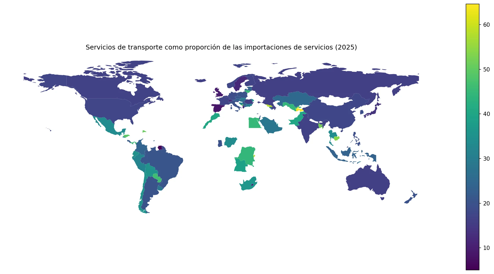 Mapa mundial de los servicios de transporte como proporción de las importaciones de servicios en 2025