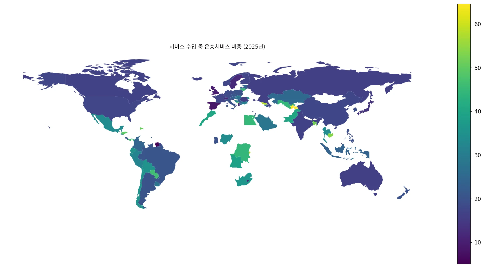 2025년 서비스 수입에서 운송서비스가 차지하는 비중을 보여주는 세계 지도