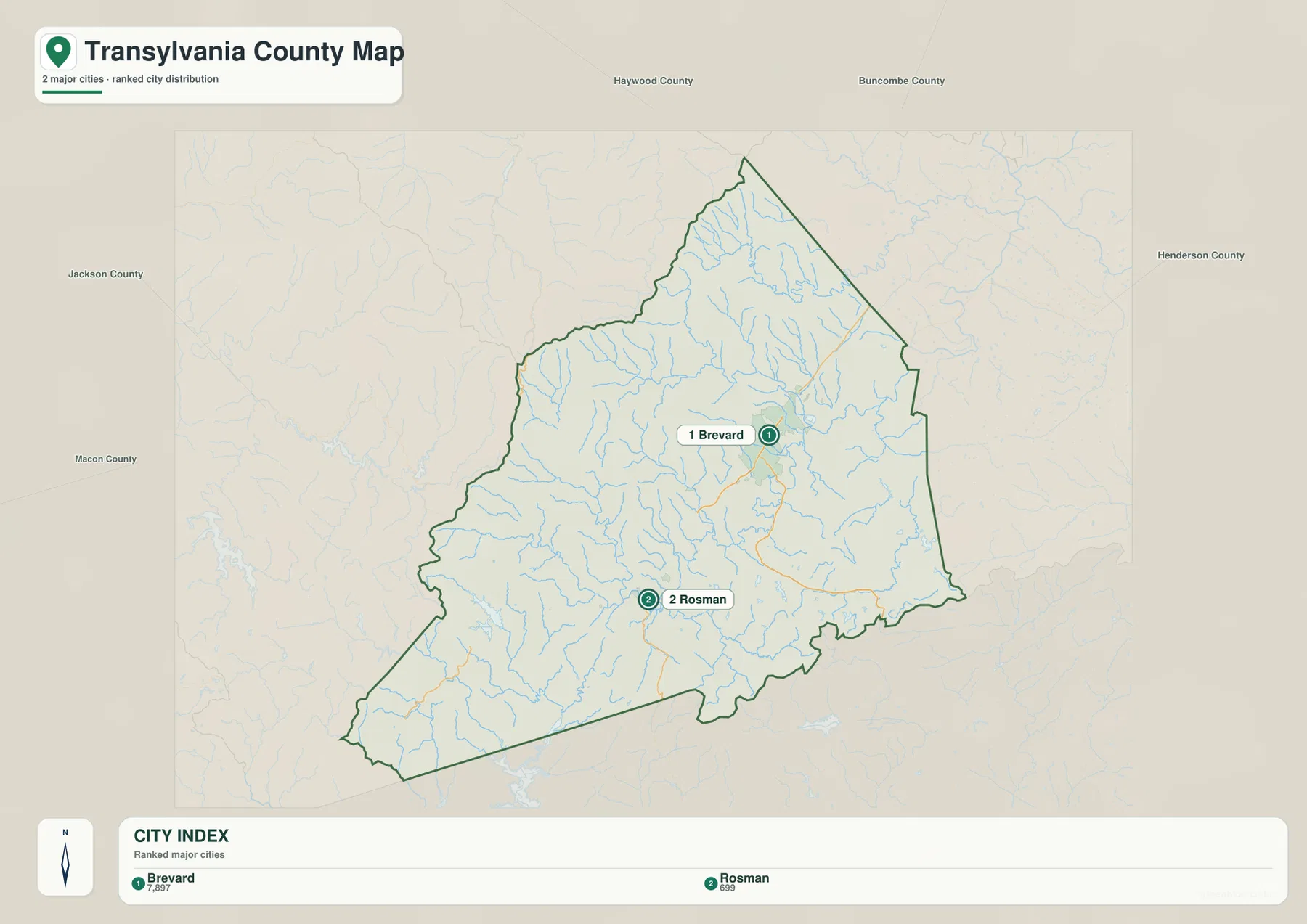 Transylvania County city distribution map showing Brevard and Rosman