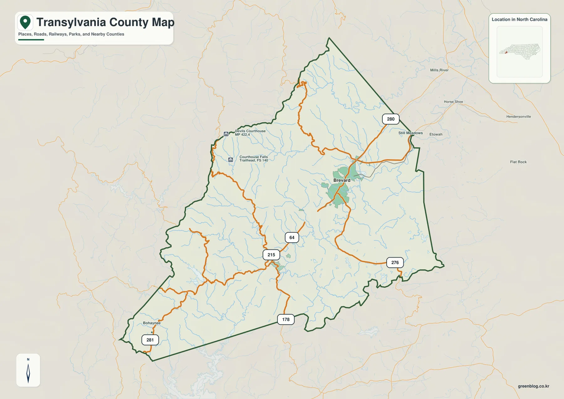 Transylvania County North Carolina map showing Brevard Rosman mountain roads and Courthouse Falls access