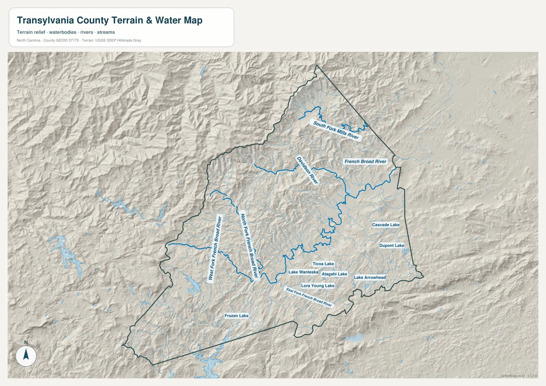 Transylvania County terrain and water map showing French Broad River forks Davidson River and mountain lakes
