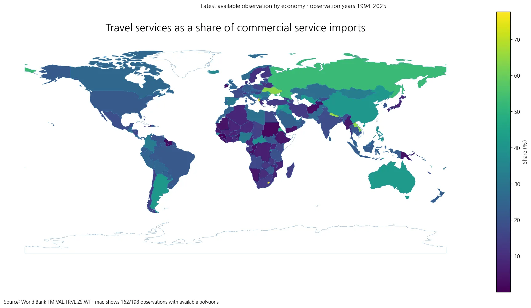 World map of the latest available travel-services share of commercial service imports by country