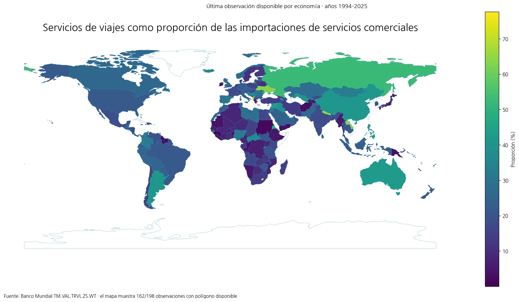 Mapa mundial de la última proporción disponible de servicios de viajes en las importaciones de servicios comerciales