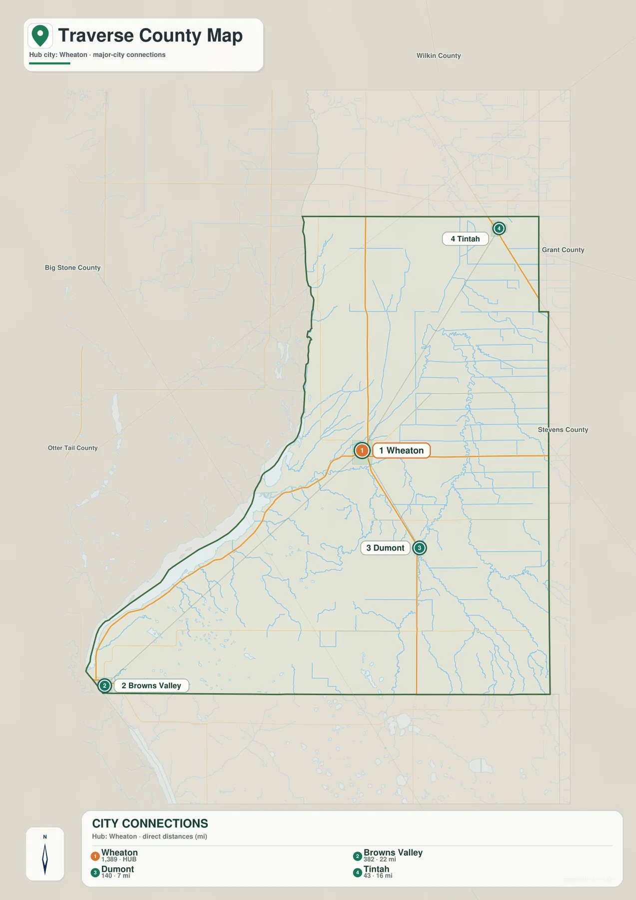 Wheaton에서 Dumont, Tintah, Browns Valley까지의 직접 거리를 보여 주는 Traverse County 도시 지도