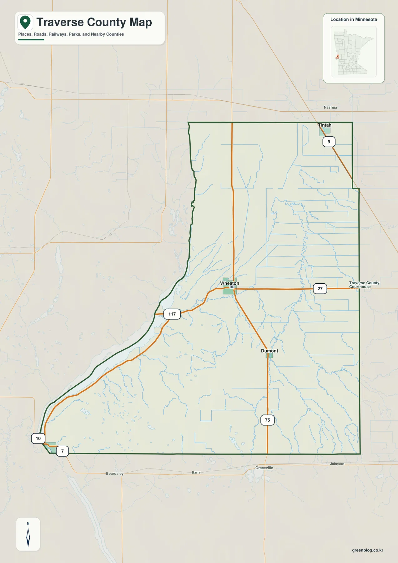 Wheaton, Dumont, Tintah, Browns Valley와 U.S. 75, MN 27, MN 9가 표시된 Traverse County 지도
