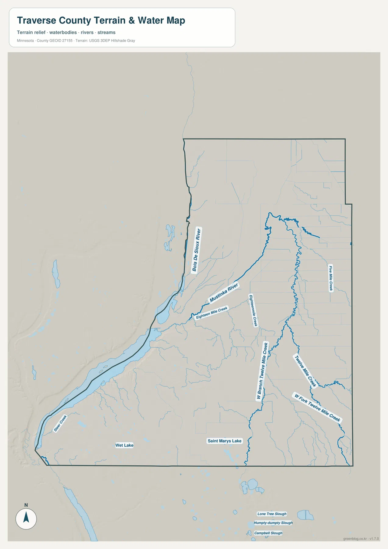 Lake Traverse, Bois de Sioux River, Mustinka River와 주요 creek이 표시된 Traverse County 수역 지도