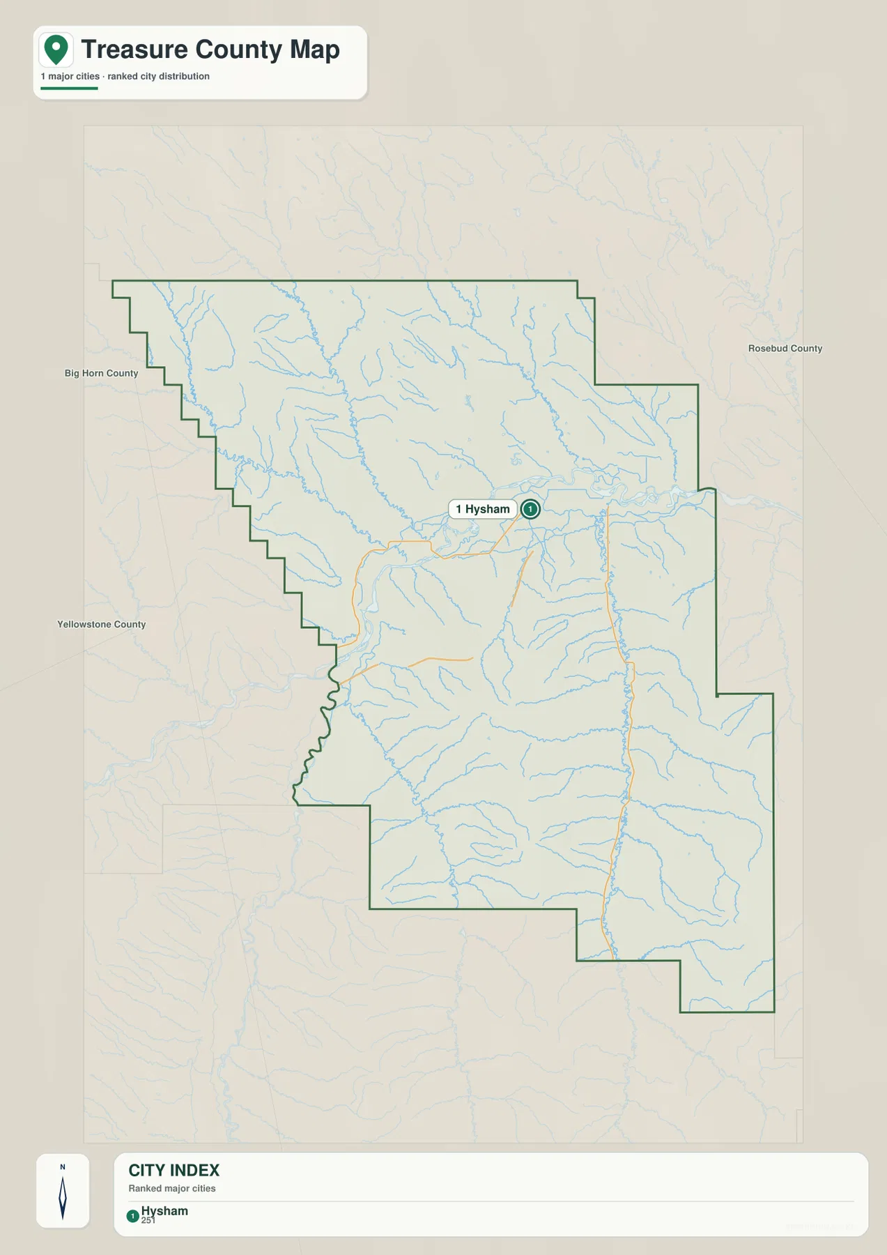 Treasure County city distribution map highlighting Hysham